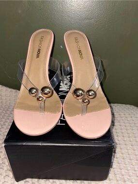 Fashion Nova Blush Pink Clear Strap Toe-Post Sandals with Gold Spheres